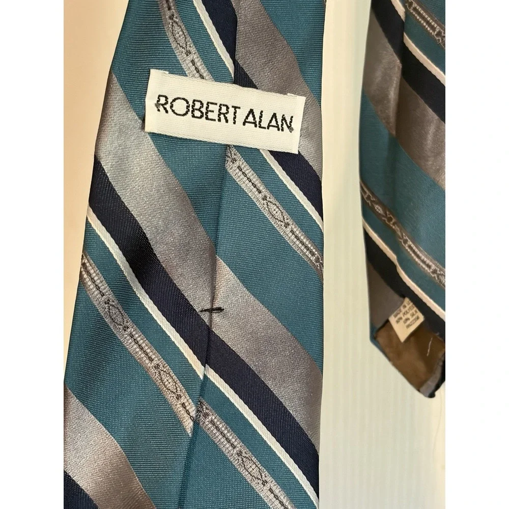 Robert Alan Neck Tie, Turquoise Navy and Gray Stripes, Polyester and Silk Tie